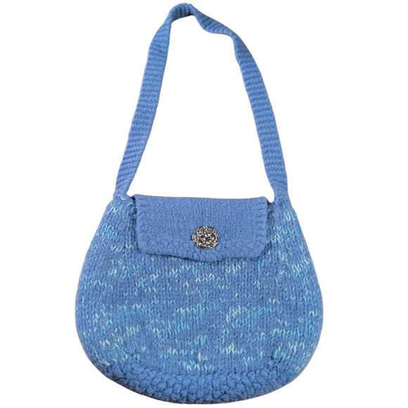 Handmade Felted Wool Shoulder Bag Blue Knit Purse Cotton Lined with Pockets Boho - Picture 1 of 15